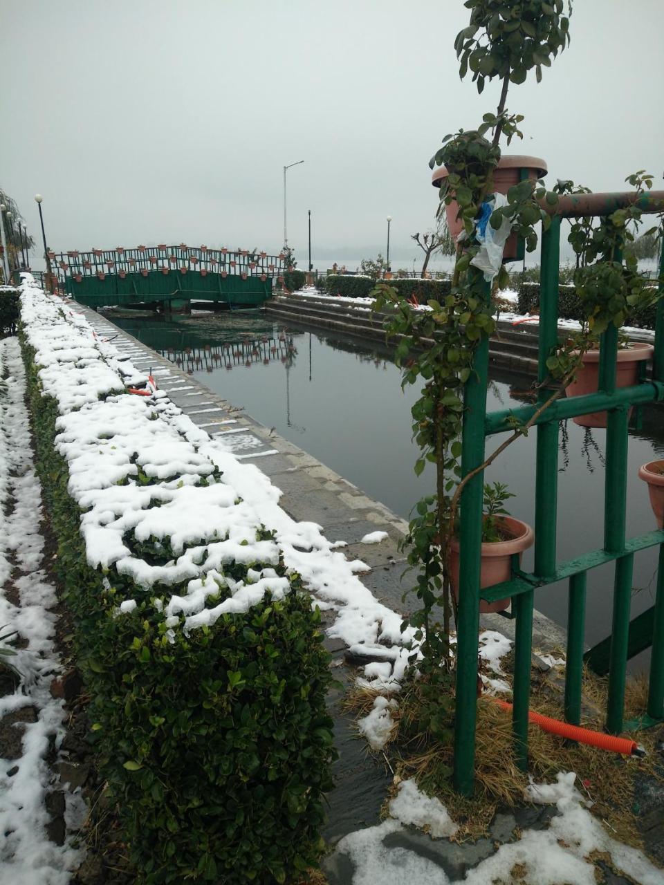 Houseboat Young Snow View Front Line Dal Lake Srīnagar Exteriér fotografie